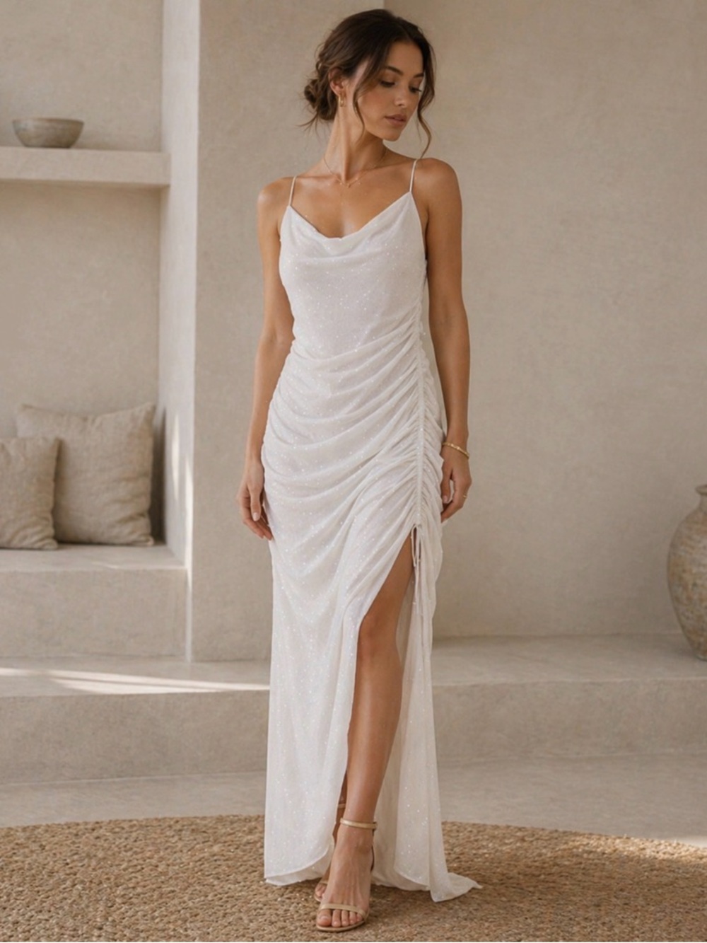 Chic White Ruched Maxi Dress